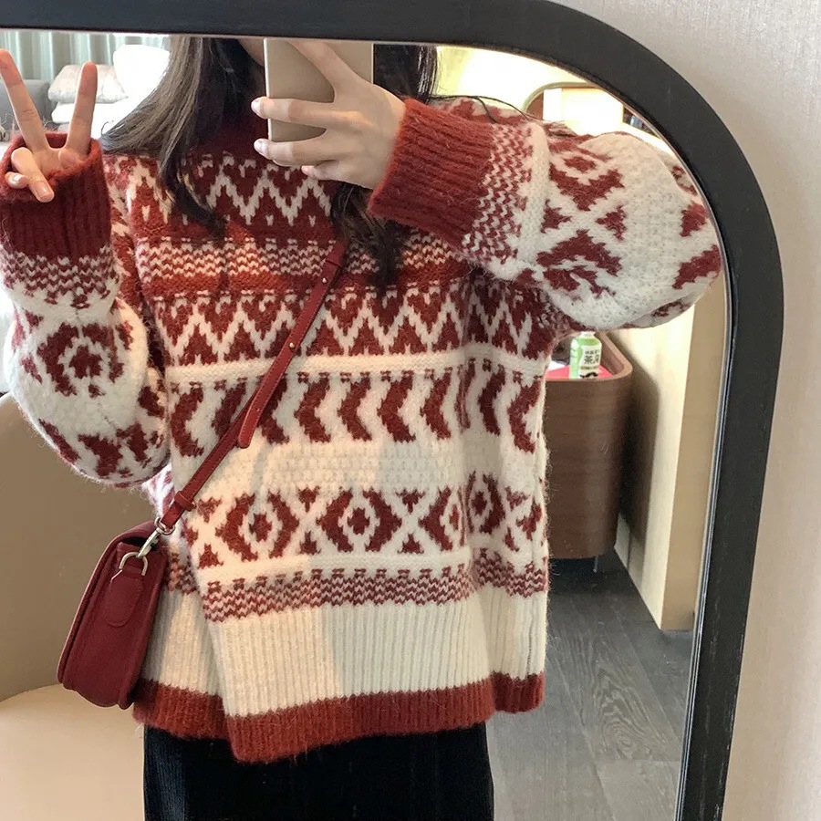 Picture of Factory Spring and Autumn New Women's Vintage Loose Casual Jacquard Ethnic Thick Geometric Pattern New Year Christmas Sweater