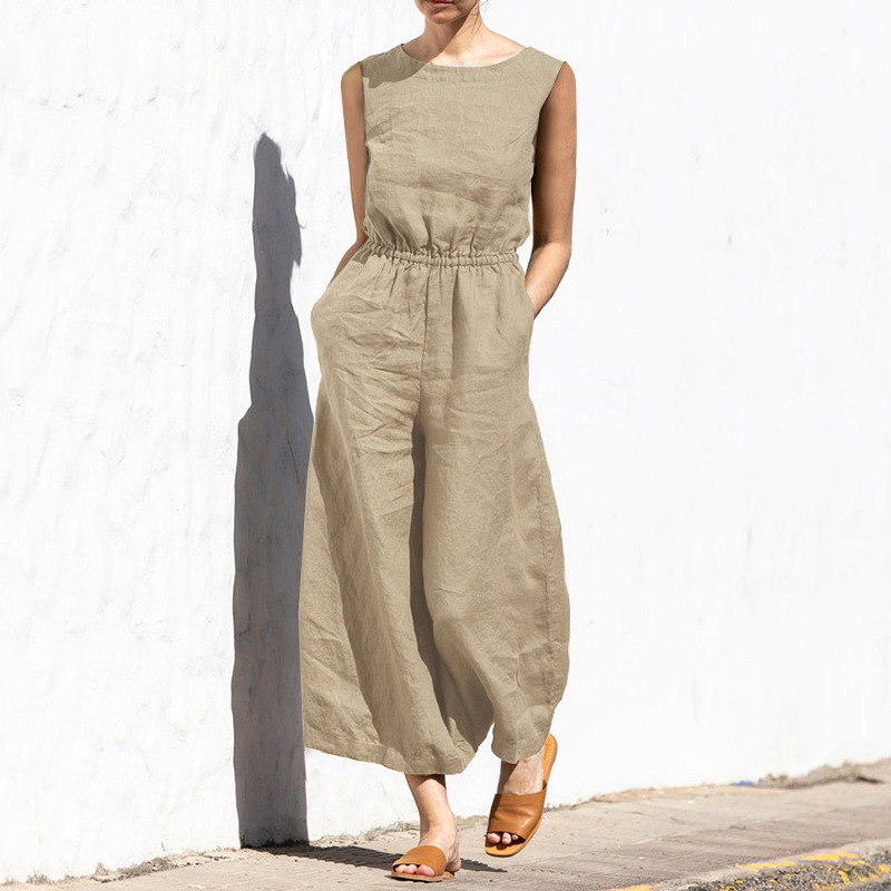 Picture of 2025 Cross-Border European and American Summer Solid Color High-Waisted Sleeveless Long Pants Women's Casual Loose Jumpsuit European and American Style