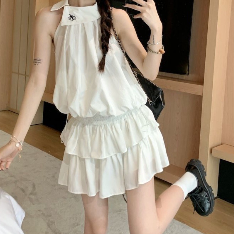 Hot Girl Suit Drawstring Halter Sleeveless Vest Women's 2025 Summer New White Cake Skirt Two-Piece Set
