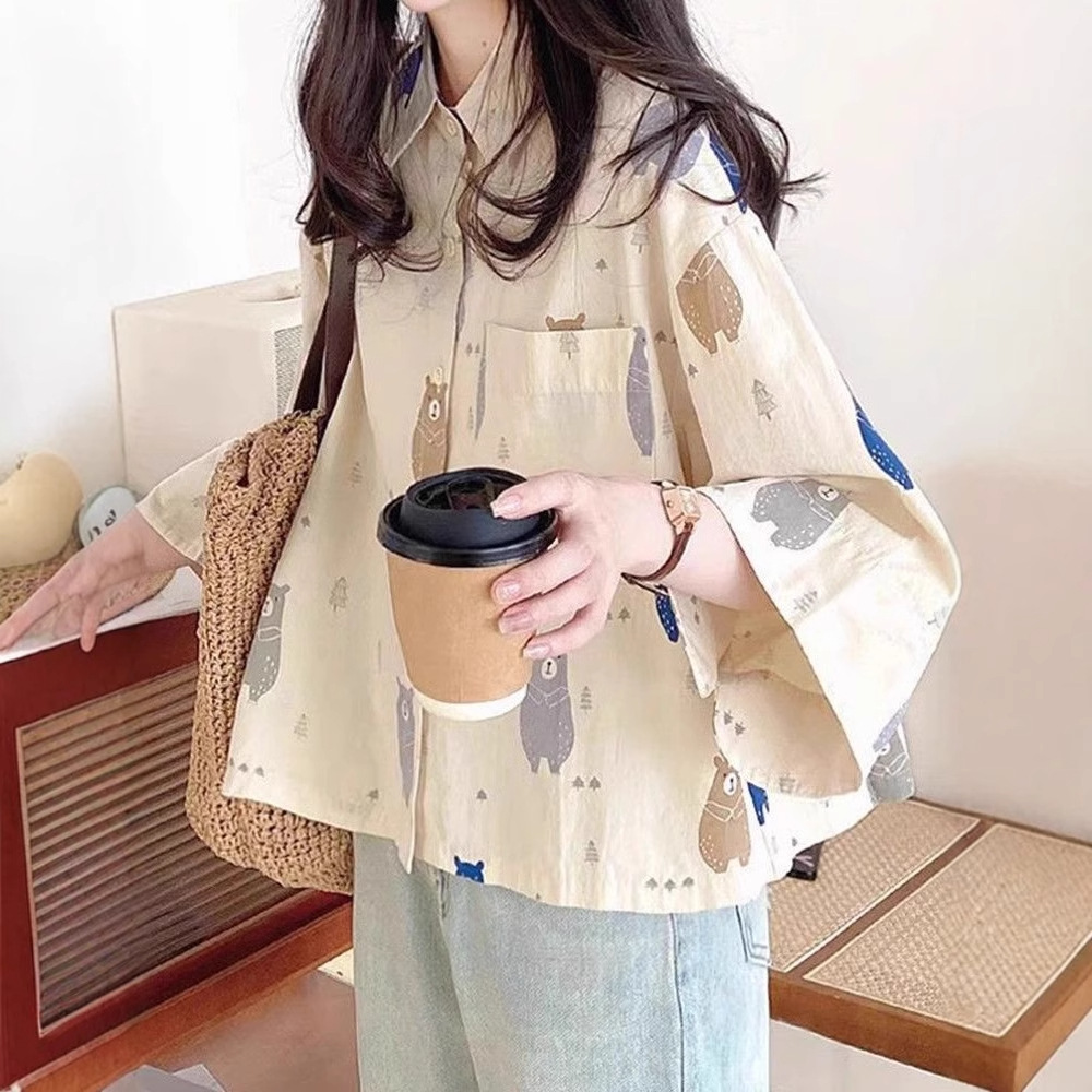 Plus Size 100kg Fat Girl Japanese Style Harajuku Style Short-Sleeved Shirt Women's Summer Loose Casual Three-Quarter Sleeve Top