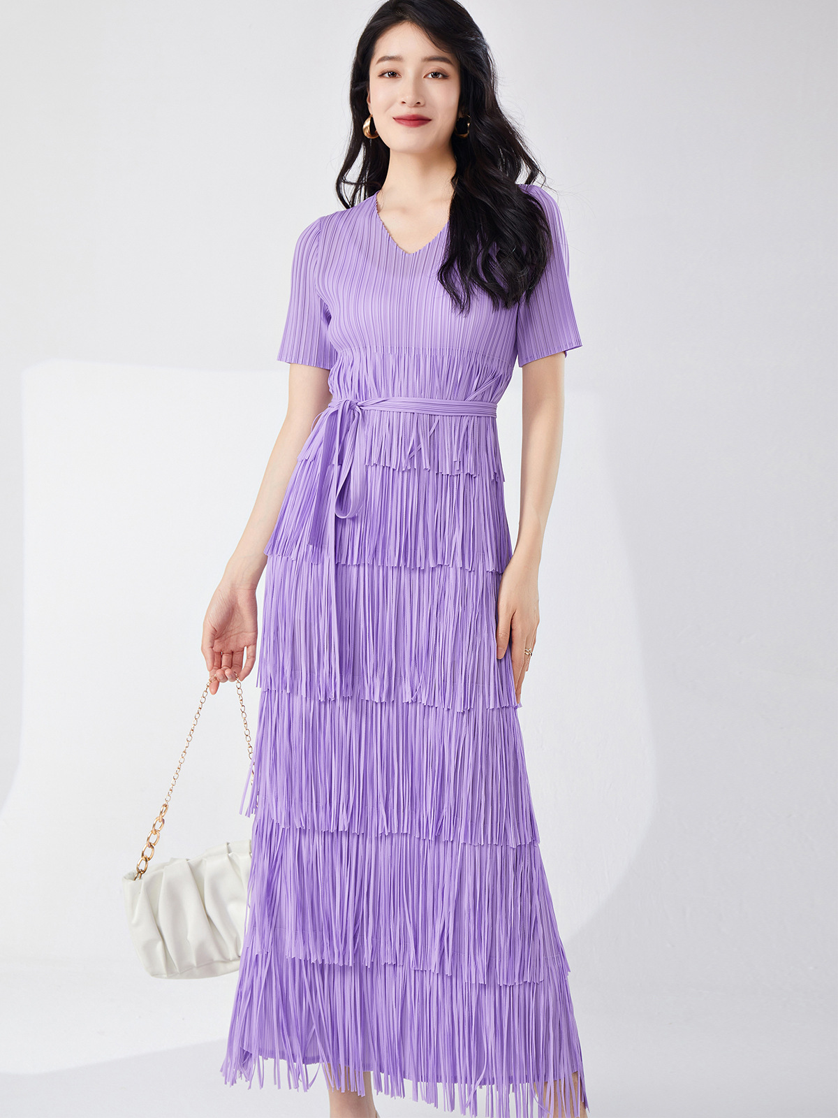 Shenzhen Nanyou Women's French Dress V-Neck Short-Sleeved Lace-Up Elegant High-End Pleated Tassel Long Dress