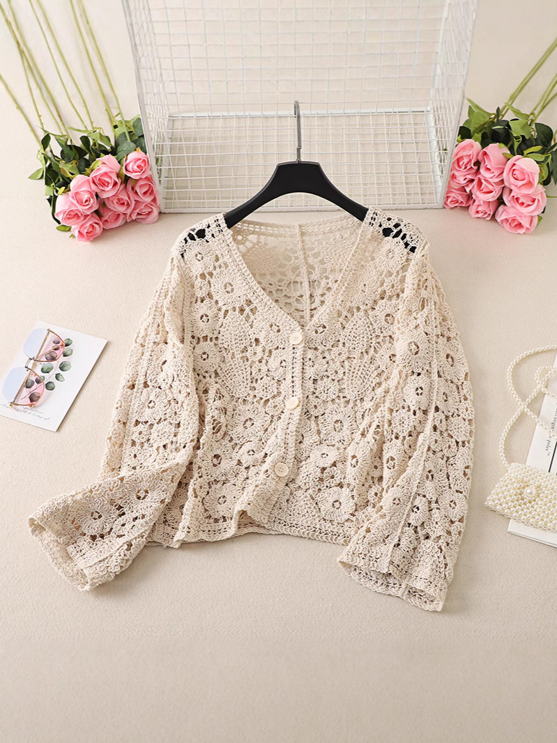 Long-sleeved Hollow-out Knitted Cardigan Women's Summer Outer Wearing New Crochet Short Chic Small Shirt with Skirt Air Conditioning Top