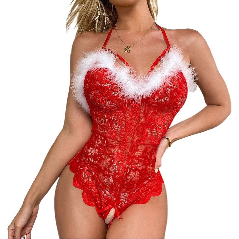 European and American Christmas Underwear Sexy Red Lace Open Crotch Jumpsuit Christmas Girl Role Playing Set