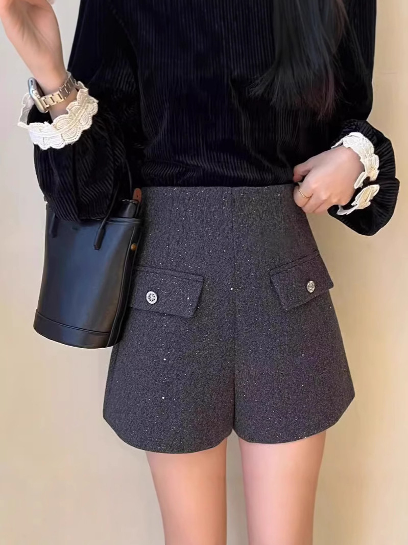 Woolen Shorts Women's 2024 New Autumn and Winter High Waist Elegant Base Sequin Outer Wear A- line Wide Leg Casual Boots Pants
