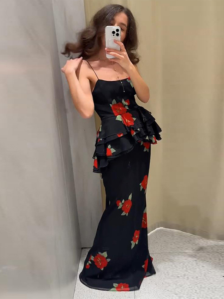 2025 Spring and Summer Cross-Border Foreign Trade New French Style Printed Suspender Skirt Suit Bohemian Fashion