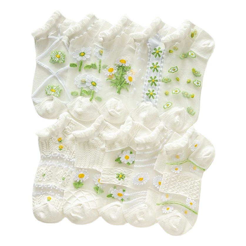 Socks Women's Spring and Summer Thin Lace Glass Silk Cute Japanese Sweet All-match Short Socks Green Pastoral Transparent Socks