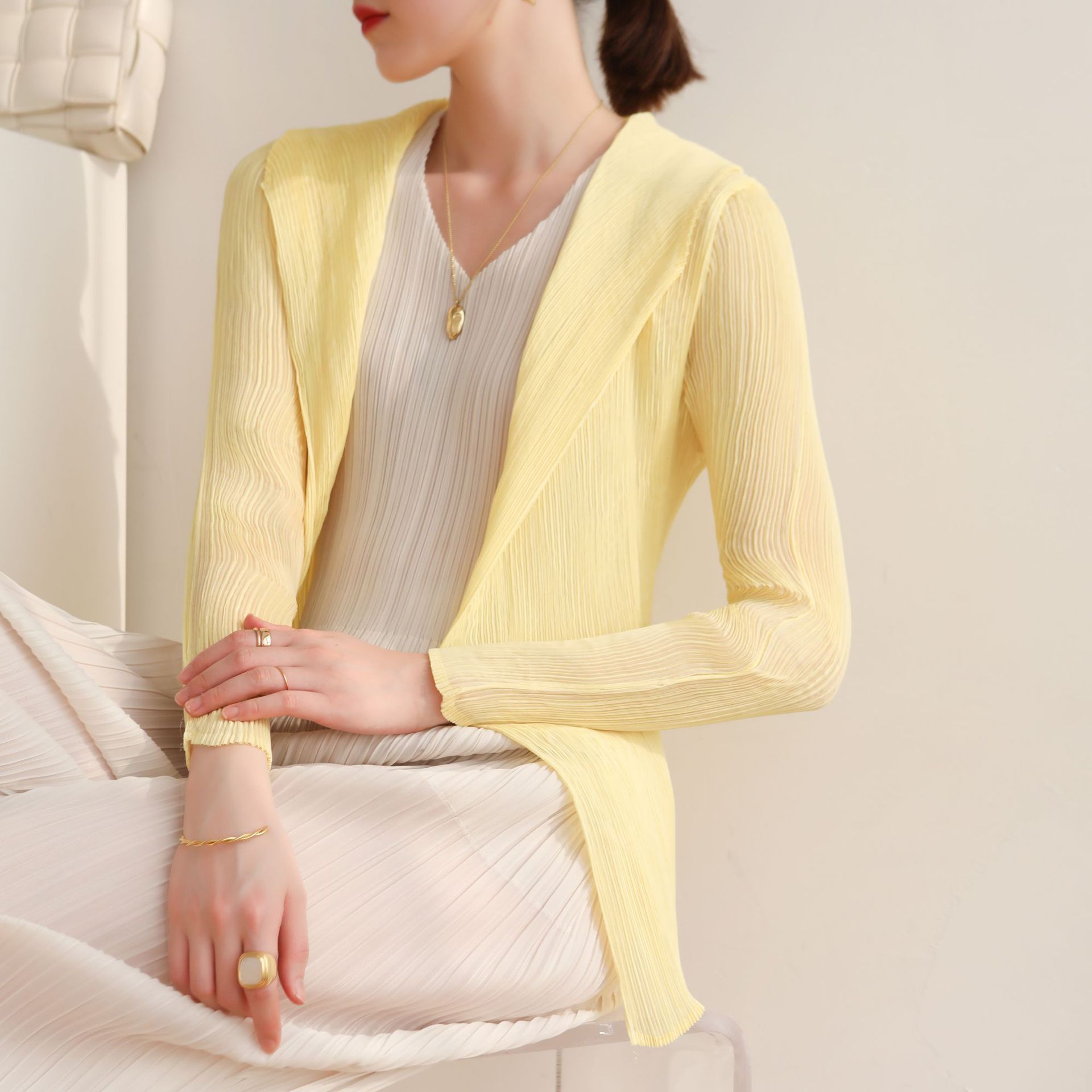 Picture of Counter Quality 2024 Miyake High-end Pleated Mesh Shirt Ultra-thin Elegant Solid Color Sun Protection Shade Women's Pleats