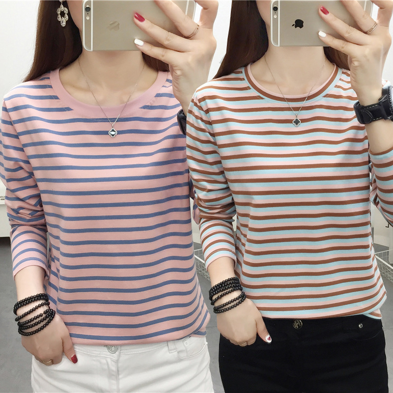 Cross-border Autumn Clothes plus size Loose Long-sleeved T-shirt Women's Pure Cotton Autumn Clothes Outer Wear Base Shirt Spring and Autumn Striped Top Trendy