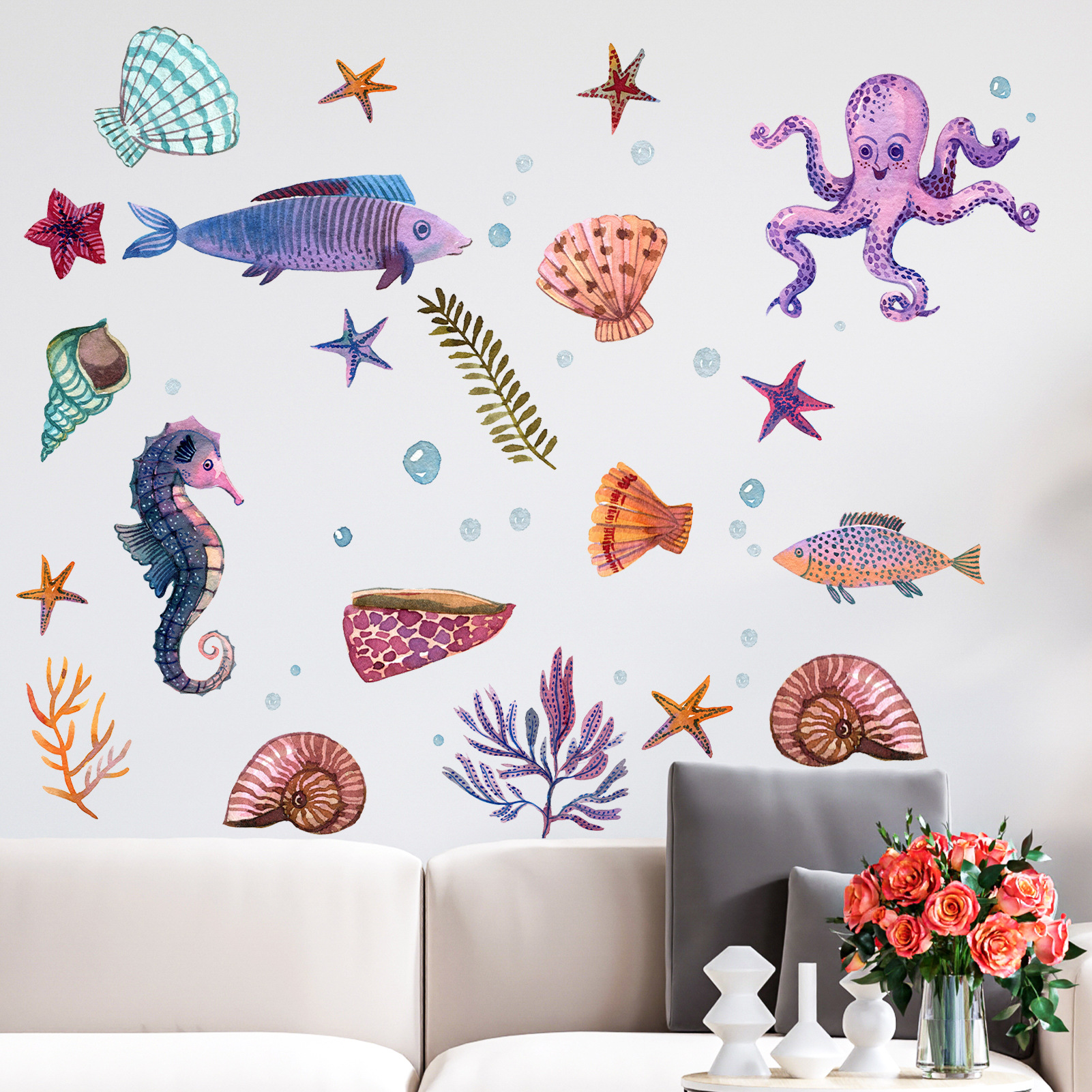 New MS-GML001 Cartoon Marine Animal Octopus Coral Living Room Children's Room Background Wall Decorative Wall Stickers