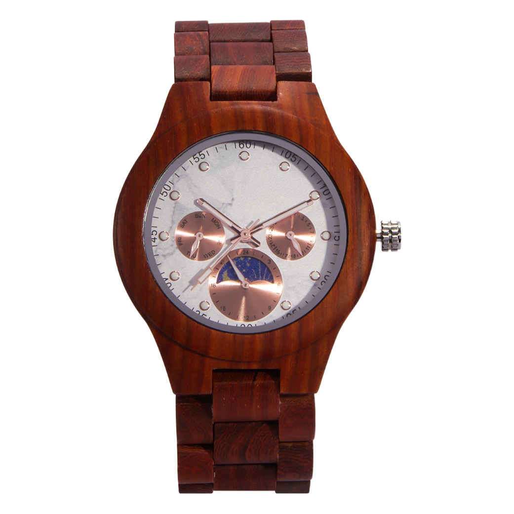 Factory Hot Selling Fashionable Enamel Dial Unisex Wooden Watch Classic Retro Multi-Function Sun, Moon and Stars Quartz Watch