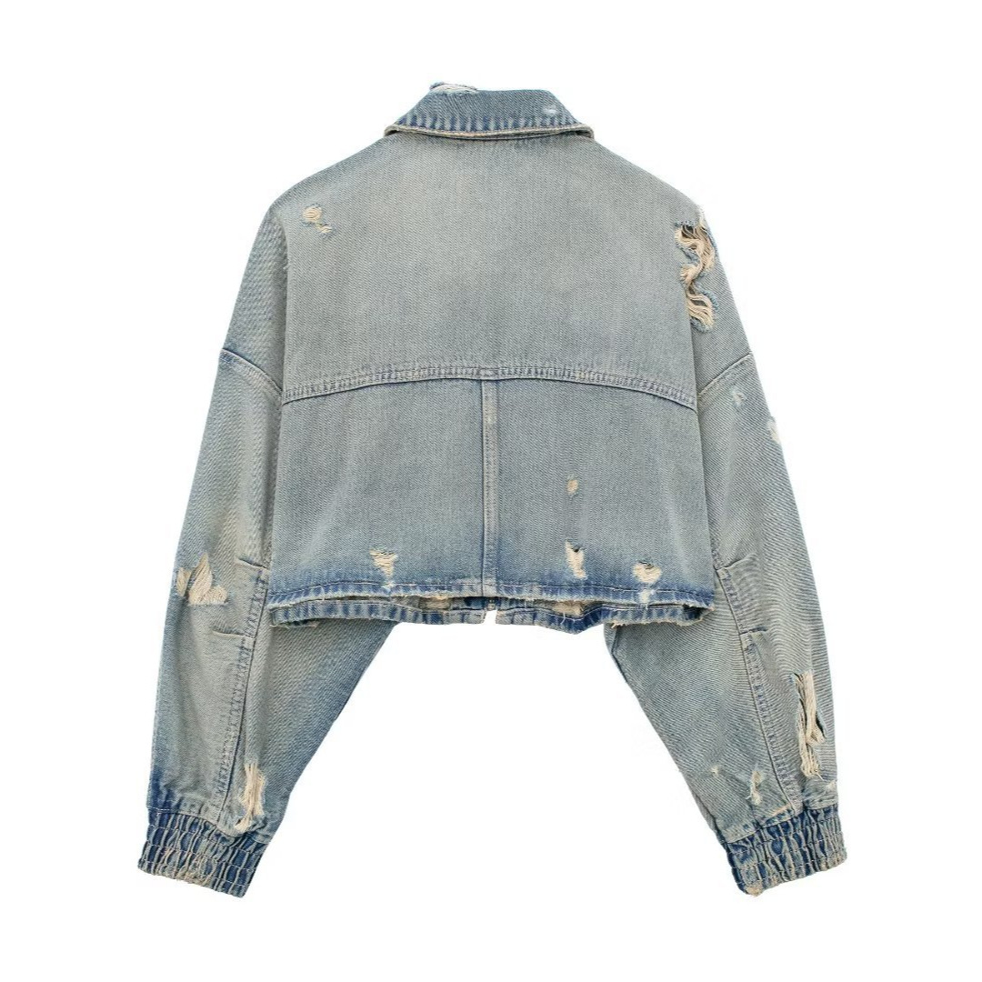 Picture of European and American Cross-Border Export Ladies 2023 Autum New Style Distressed Denim Short Regular Casual Versatile Jacket