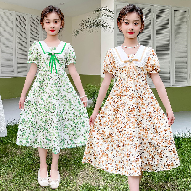 Girl's Dress Summer Children's Stylish Floral Skirt Summer Fashionable Girl's Fresh Long Puff Sleeve Skirt