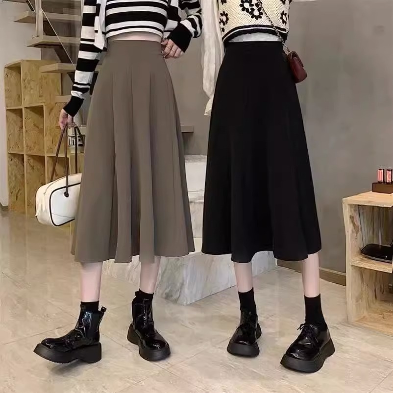 Summer Pleated Skirt Women's New Design High Waist Small Mid-length Hip Covering A- line Umbrella Skirt Black Skirt