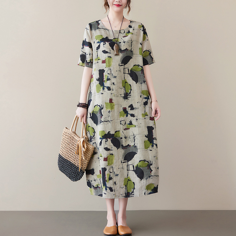 Picture of Summer New Fat mm Cotton and Linen Retro Printed Artistic Over-The-Knee Mid-Length Short-Sleeved Dress for Women with Elegant