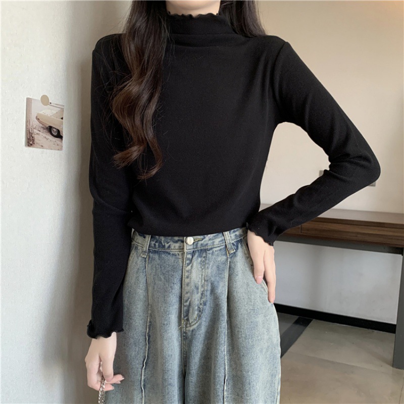 2024 Spring New Women's Base Shirt Half High Collar Knitted Shirt Women's Japanese and Korean Elegant Inner Wooden Edge T-Shirt Long