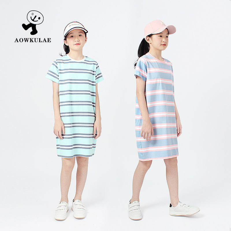 Children's skirt summer Korean new girls dress striped color contrast short sleeve nightgown women treasure skirt wholesale