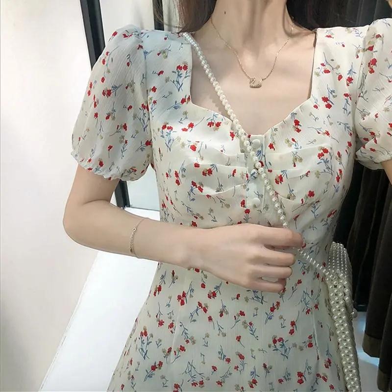 2023 New Summer Gentle Long Dress French First Love Platycodon Grandiflorum Floral Square Collar Fashionable Elegant Casual Dress