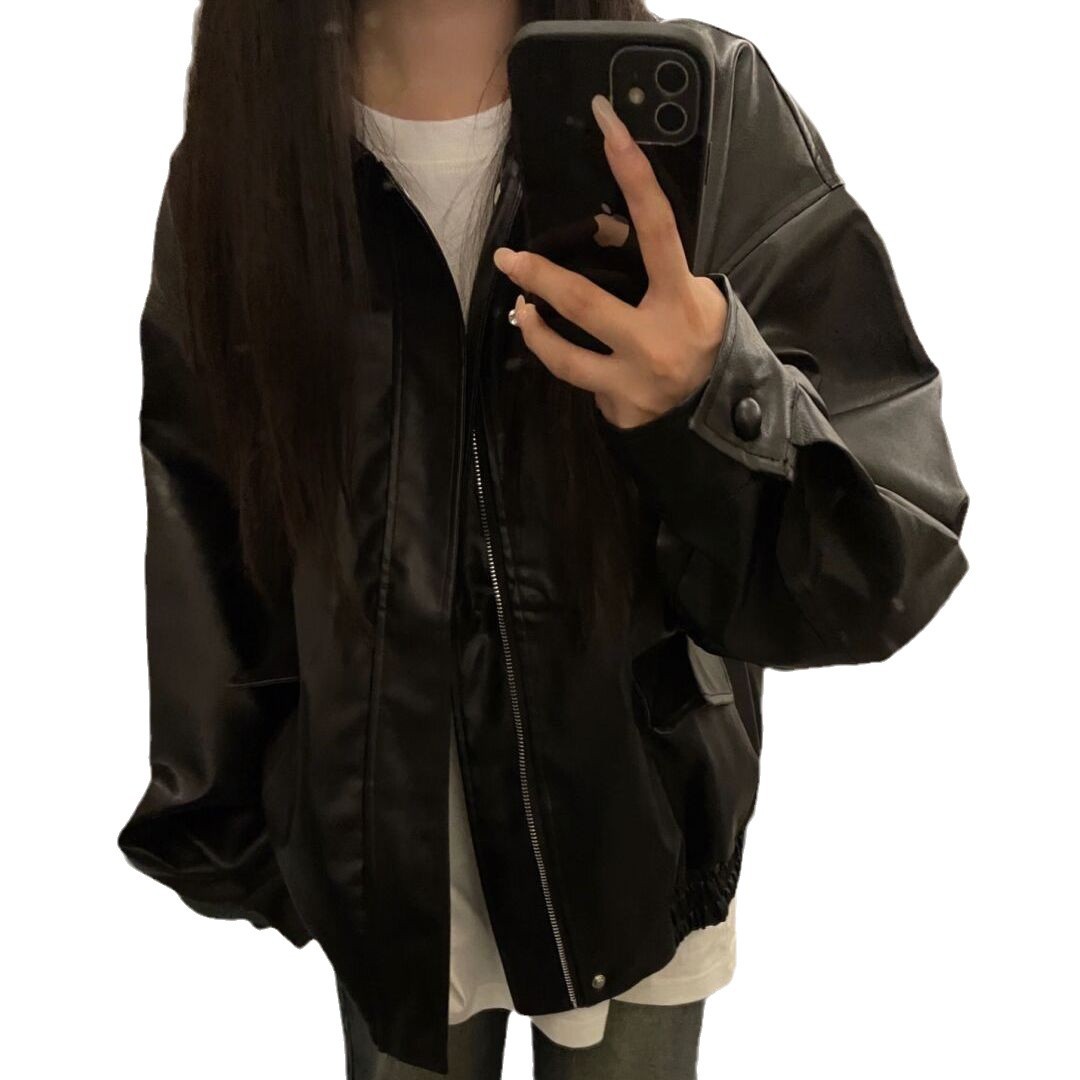 Picture of WASTE SOIL Style American Style Retro Black PU Leather Jacket Women's Spring and Autumn New Loose Handsome Casual Motorcycle Jacket Trendy