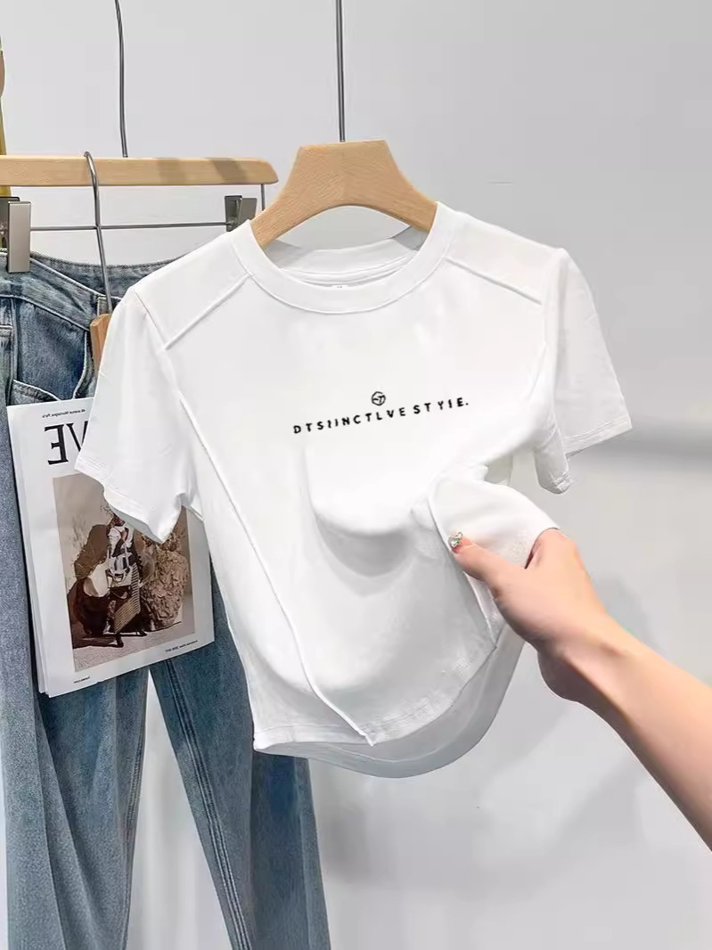 European Goods Shoulder Fish Bone Slim-fit Short-sleeved T-shirt Women's Summer Irregular Design Sense Niche Small Top