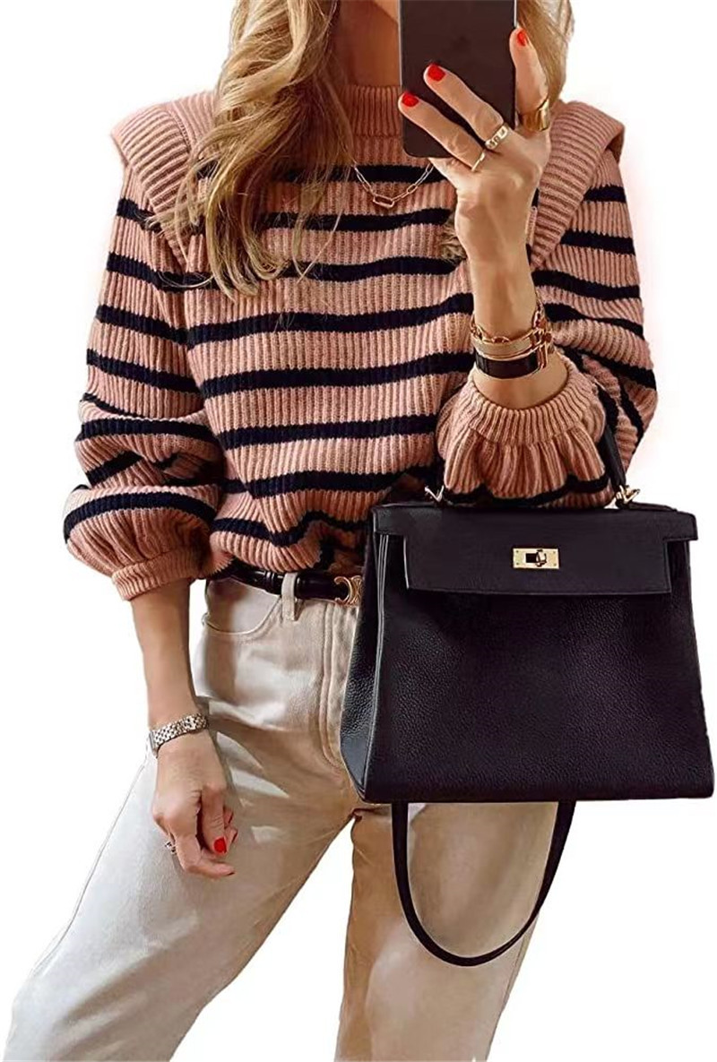 Picture of Aliexpress New 2025 Women's Fashion Striped Round Neck Puff Sleeve Sexy Knitted Sweater