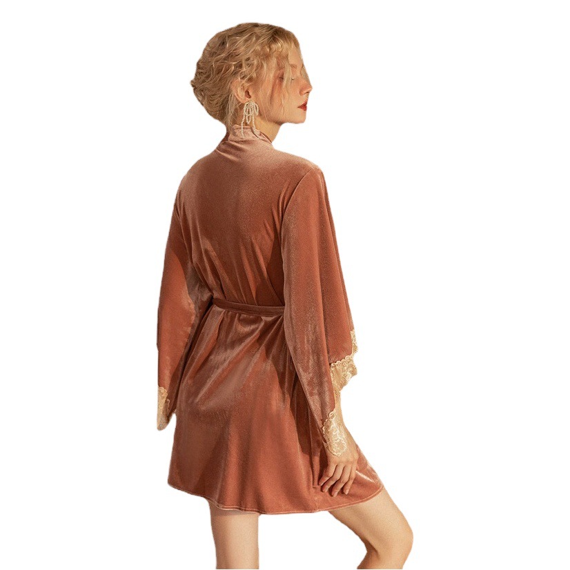 European and American Gold Velvet Nightgown Lace Sexy Pajamas High-grade Sling Nightgown Home Clothes Loose Morning Gown Outer Wear