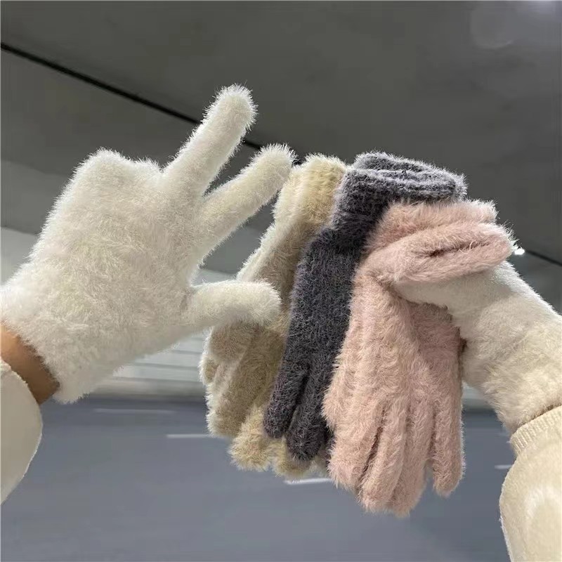 Winter Cycling Warm Gloves Imitation Rabbit Fur Plush Ins Women's Fleece Gloves Cute Finger Cold-proof Solid Color Gloves