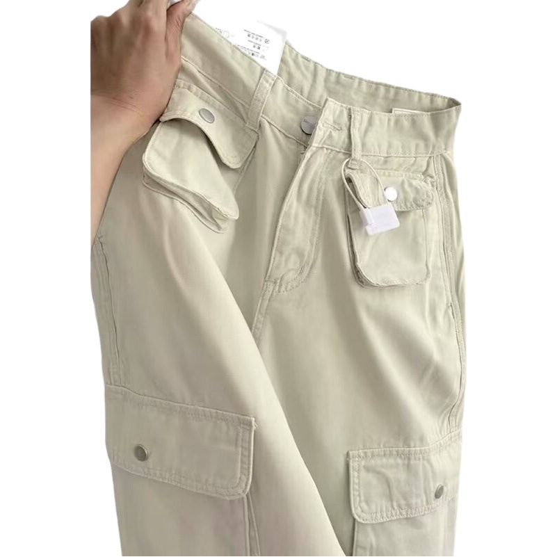 Plus size American high street wide-leg retro multi-pocket overalls women's chubby girl spring and autumn high waist straight loose pants fashion
