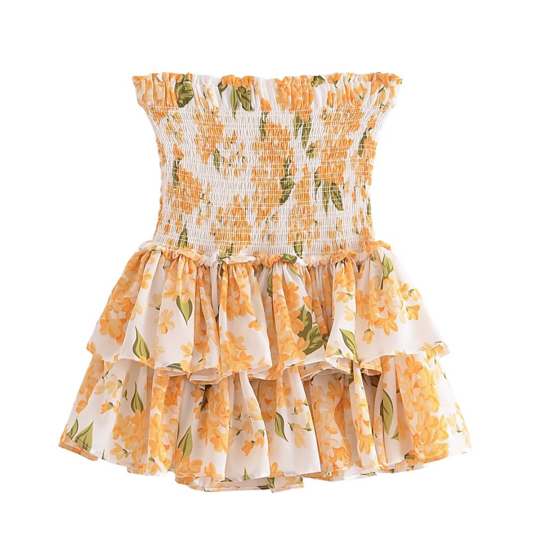 European and American style 2023 Summer new women's clothing French retro printed elastic waist all-match cake skirt dress