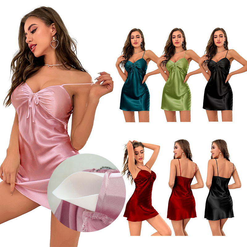 Yaoting Amazon Ice Silk Pajamas Women's Nightgown Backless Suspender Nightgown with Breast Pad Women's Home Clothes 3239