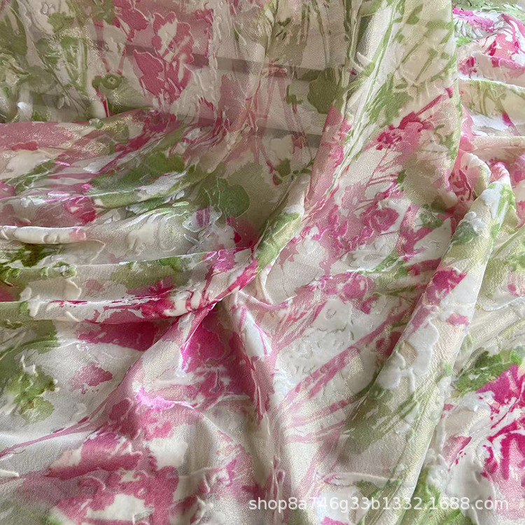 Pink Flower Wide Digital Printing Gold Thread Burnt Velvet Silk Fabric Cut Out Mulberry Silk Cheongsam Top Fabric