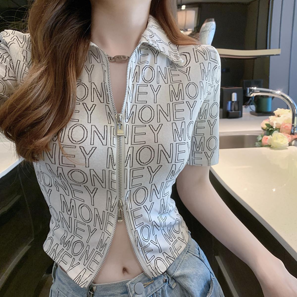 Summer new letters pure desire sexy ins Printed Lapel short sleeve T-shirt Slim short double zipper navel top