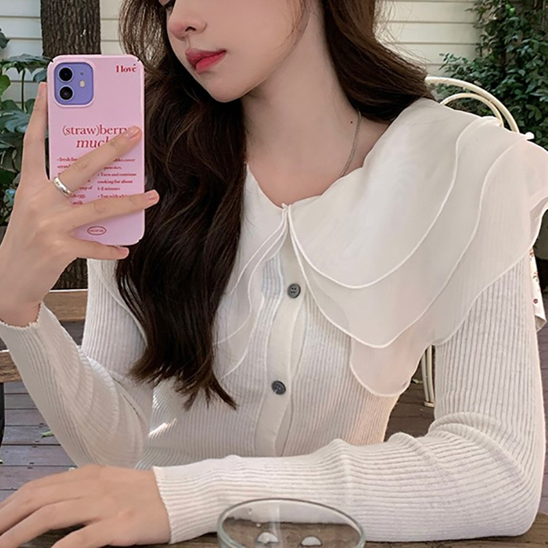 chic sweet gentle knitted cardigan women's thin doll collar sweater long sleeve ruffled collar stitching slim top