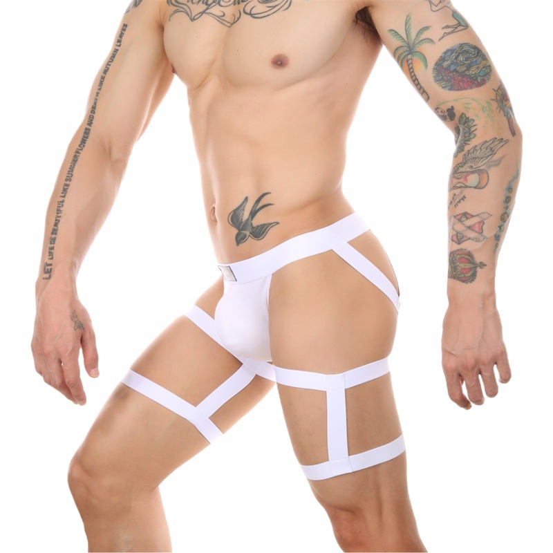 Men's Sexy Steel Ring Low-Waisted Cut Out Double Thong Underwear Nightclub Stage Leg Restraint Belt Temptation Thong