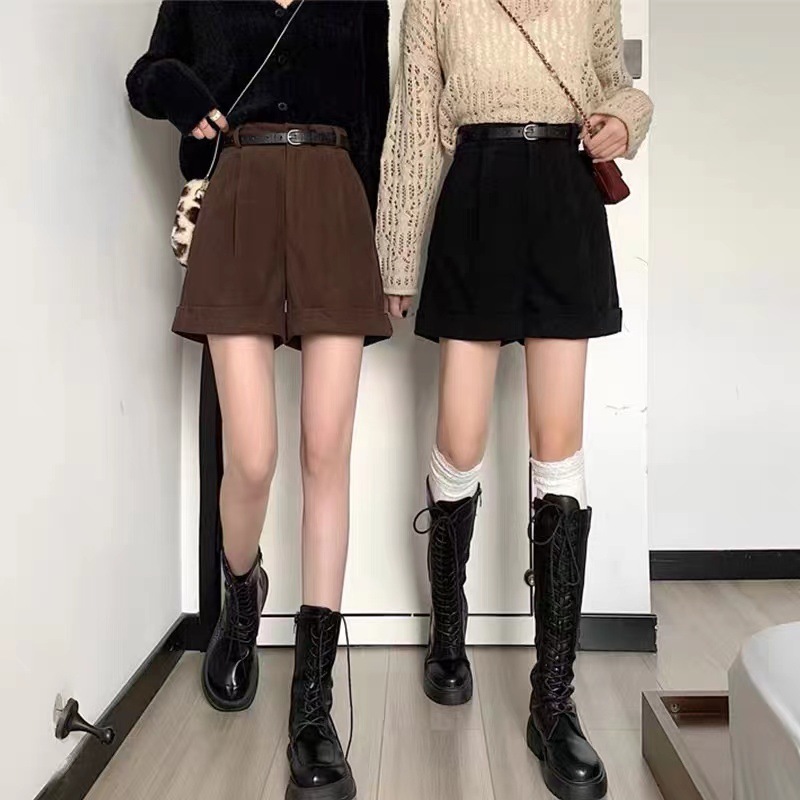 Corduroy Shorts Outer Wear Boot Pants Autumn and Winter 2023 New High-Waisted Women's Clothing Hot Style Wide-Leg Casual Black