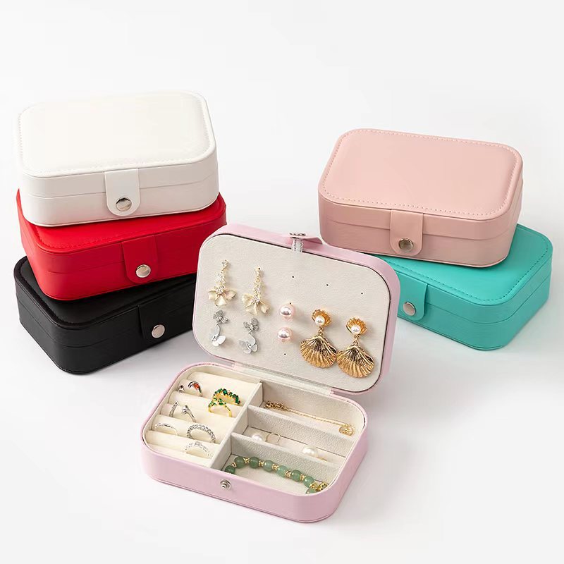 High-End Rectangular Jewelry Storage Bag Necklace Portable Ring Storage Box Wholesale Double-Layer Solid Color Storage Box