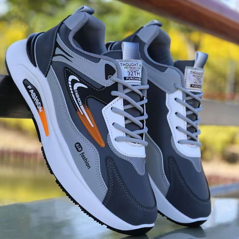 Shoes, men's spring new leather waterproof sneakers, trend, versatile casual daddy shoes, soft-soled non-slip running shoes