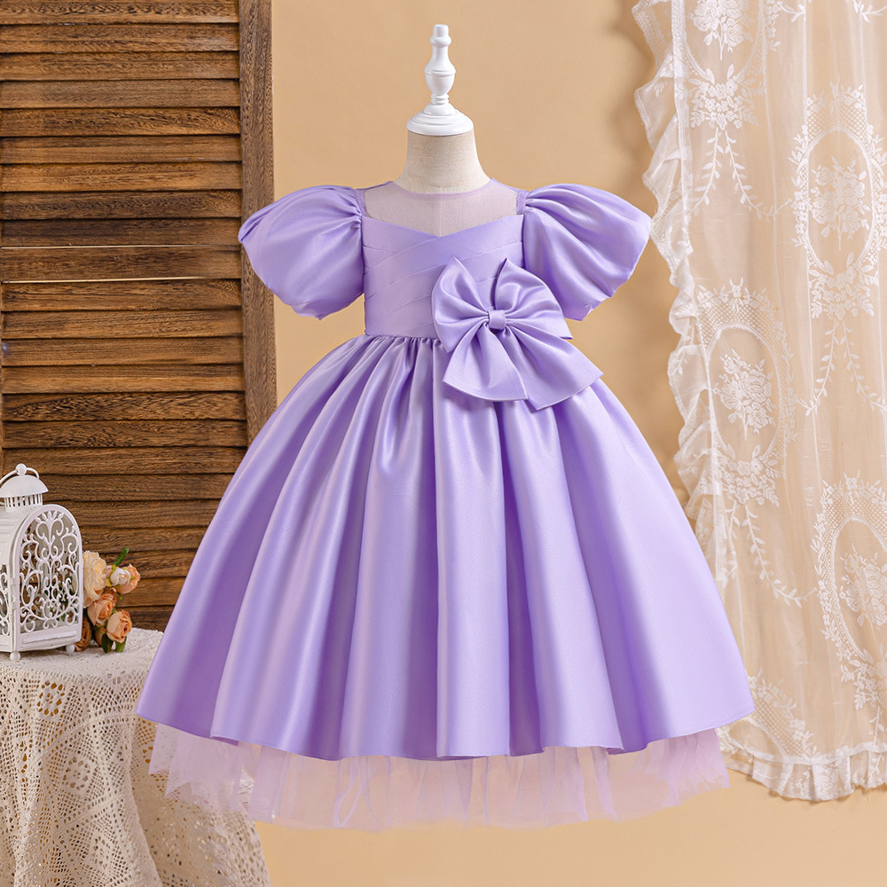 Cross-Border New Children's Dress with Big Bow Princess Dress Puff Sleeves Forged Puff Skirt Piano Performance Clothing