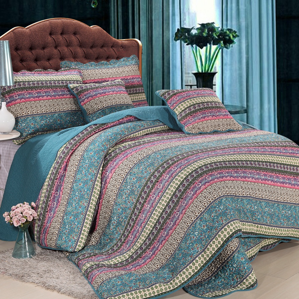 [Milaia] National Style Quilting Quilt Cotton Wash Quilt Blue Strip Red Strip Foreign Trade Quilting Boutique Factory Outlet