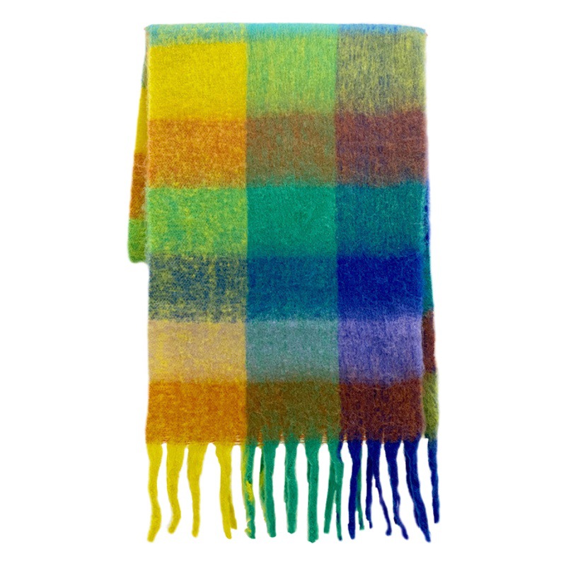 2023 new ac warm rainbow color plaid long European and American autumn and winter warm soft waxy mohair scarf