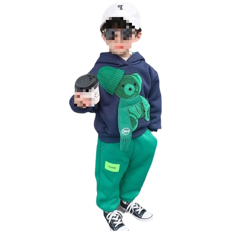 Boys and girls bear suit autumn Korean new baby hooded sweater trendy cool fashionable handsome fried street two-piece set