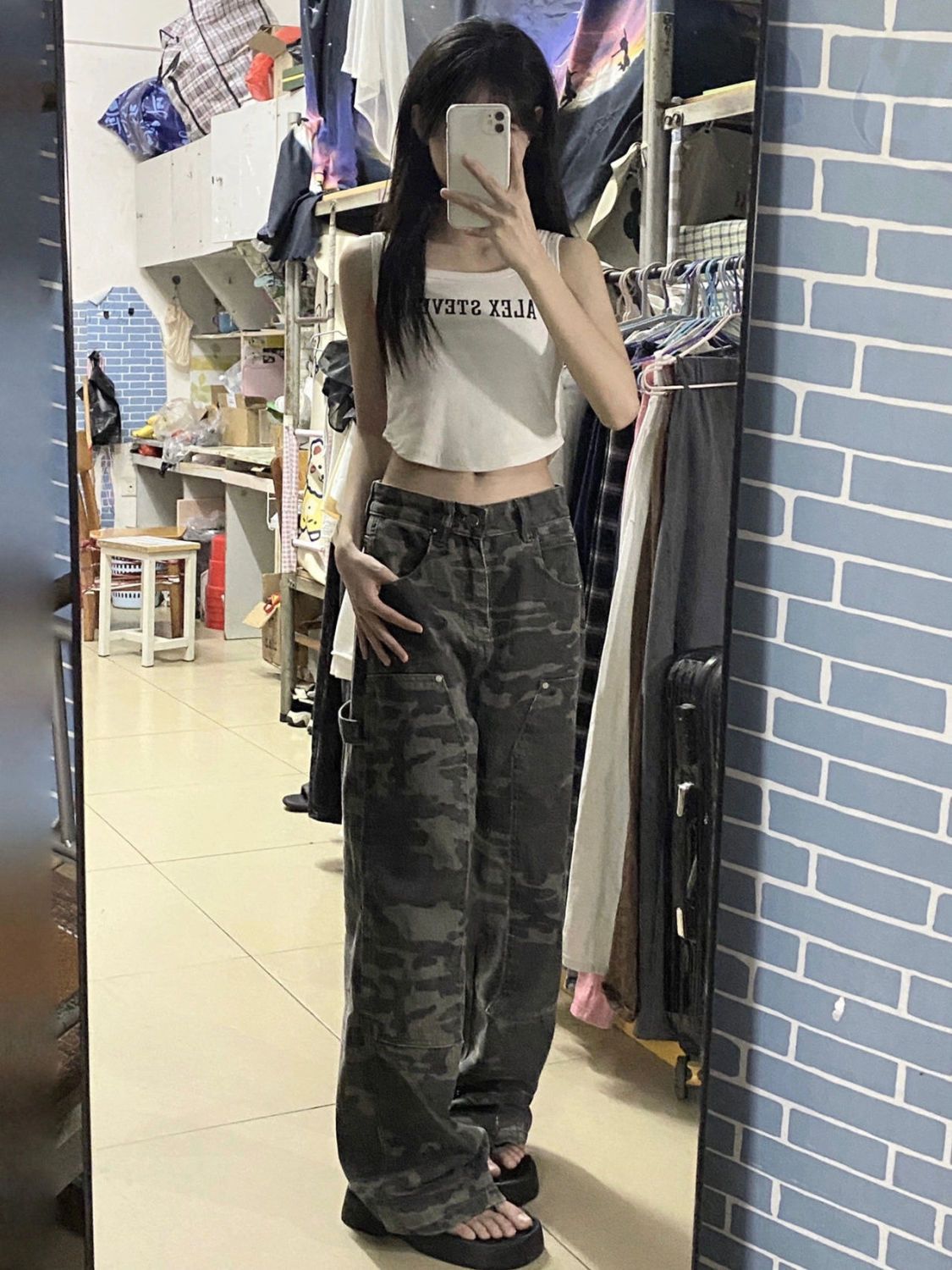 Picture of Camouflage Tooling Straight Jeans Women's Spring and Summer American Style Retro Loose All-match High Waist Slimming Wide Leg Pants