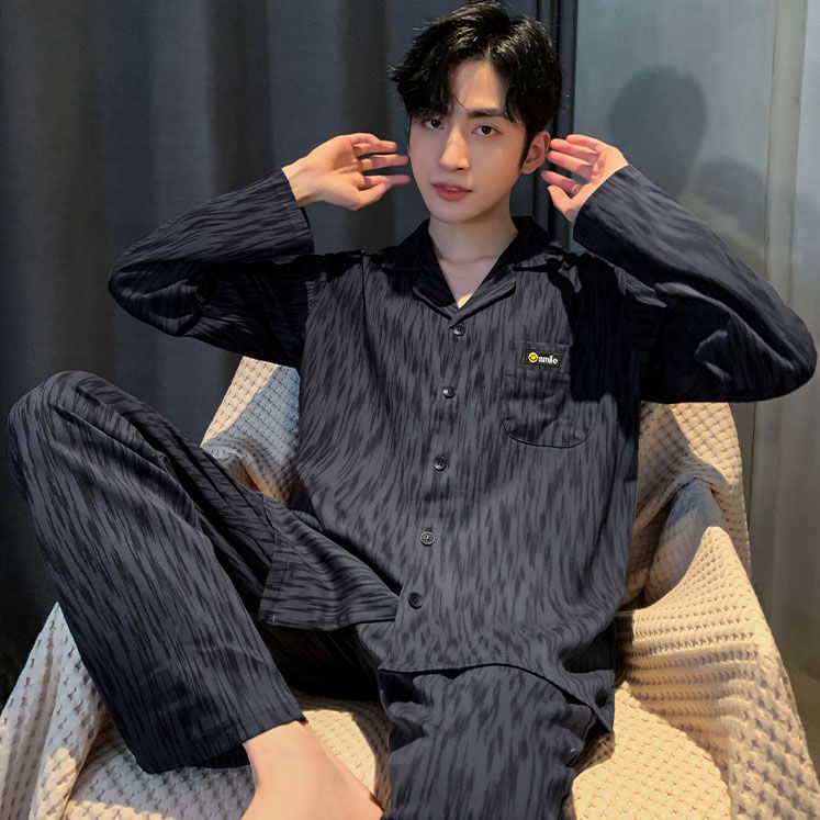100% Cotton Pajamas for Men Spring and Autum Pure Cotton Long-Sleeved Casual Teenagers Can Wear Cotton Home Clothes Set