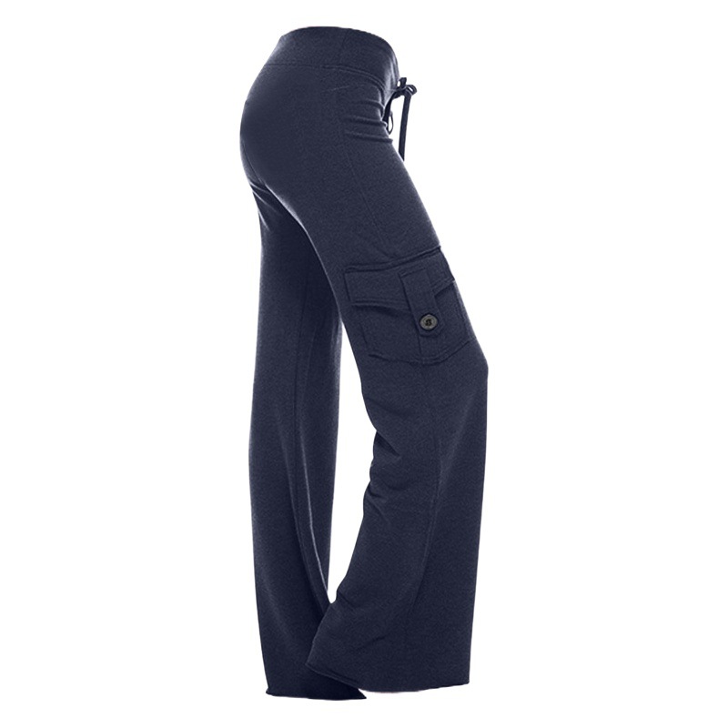 2019 European and American Cross-Border Aliexpress Ebay Elastic Waist Button Side Pocket Two-Pocket Yoga Pants for Women Commuting