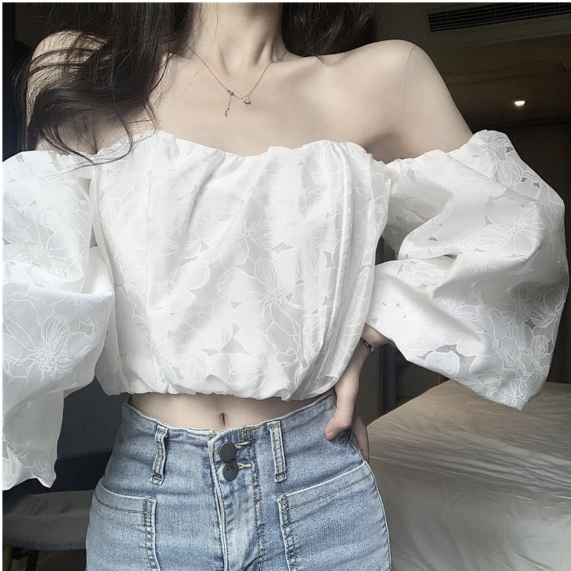 Real Price 2023 Summer New Jacquard Tube Top Collar Bubble Sleeve Shoulder Sexy Sweet Spice Girl Short Top Women