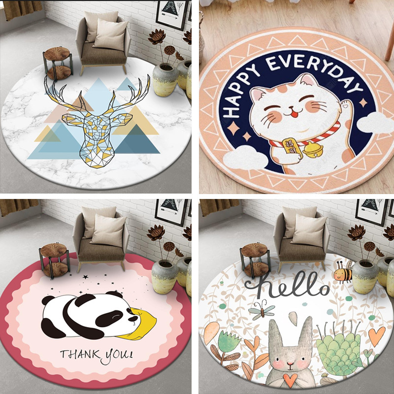 Cross-border Ins Non-slip Carpet Living Room Sofa Round Floor Mat Bedroom Printed Cartoon Round Carpet Thickened Floor Mat