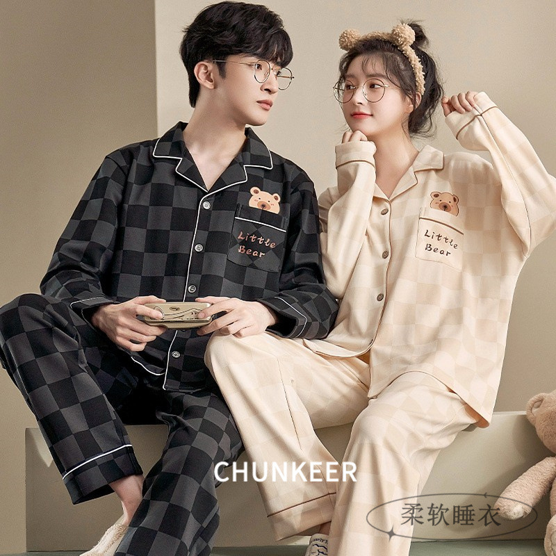 Couple Pajamas Women's Spring and Autumn New Imitation Cotton Cardigan Lapel Cartoon Cute Sweet Men's Home Clothes Two-piece Set