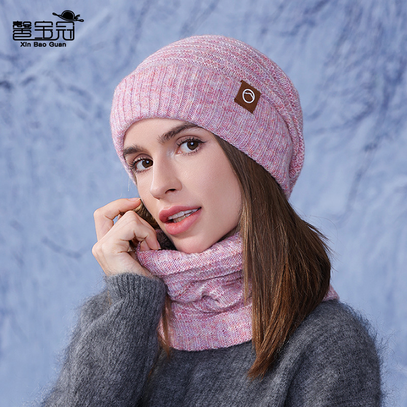 Winter two-color hat scarf two-piece outdoor cold-proof warm knitted wool hat fleece-lined ear protection cap for women