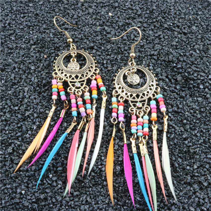 European and American Style Personality Exaggerated Earrings, Popular Bohemian Vintage Hollow Oval Colorful Seed Bead Feather Tassel Earrings