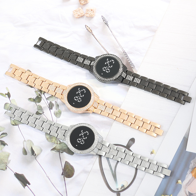 Cross-border Diamond led new Korean style simple steel belt LED women's watch casual fashion women's fashion round watch