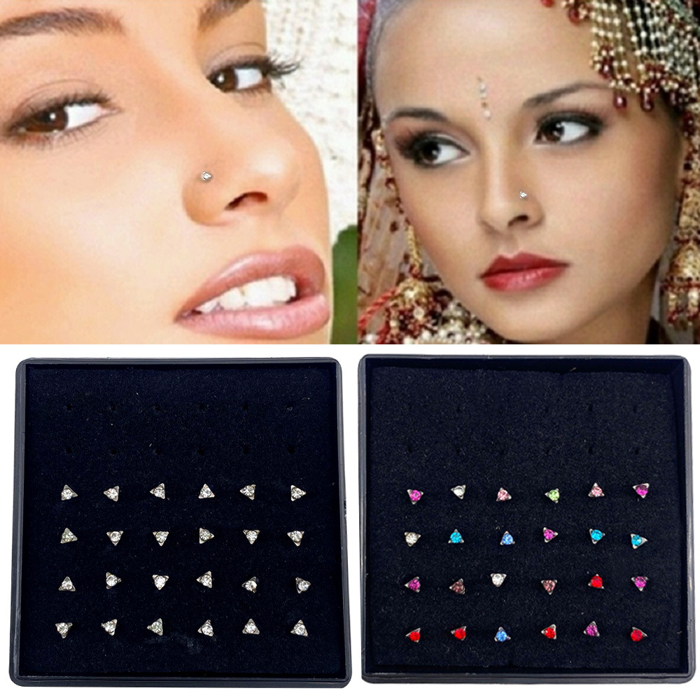 24/Box Stainless Steel Nose Ring Nose Nail European and American Diamond Nose Nail Triangular Ear Nail Body Piercing Jewelry
